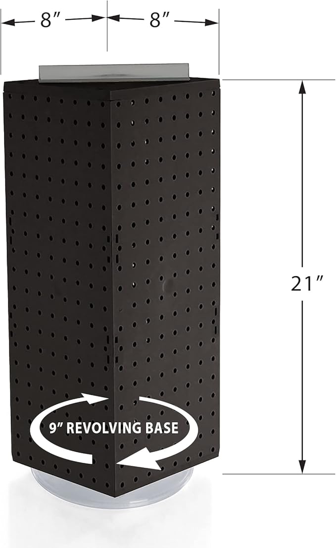 Azar Displays, 703385-BLK, 4 Sided Revolving, Pegboard Counter Display for Vendors Storage Necklace Jewelry Organizer for Selling at Trade Shows or Craft Shows Rotating, Black, 8” X 20”