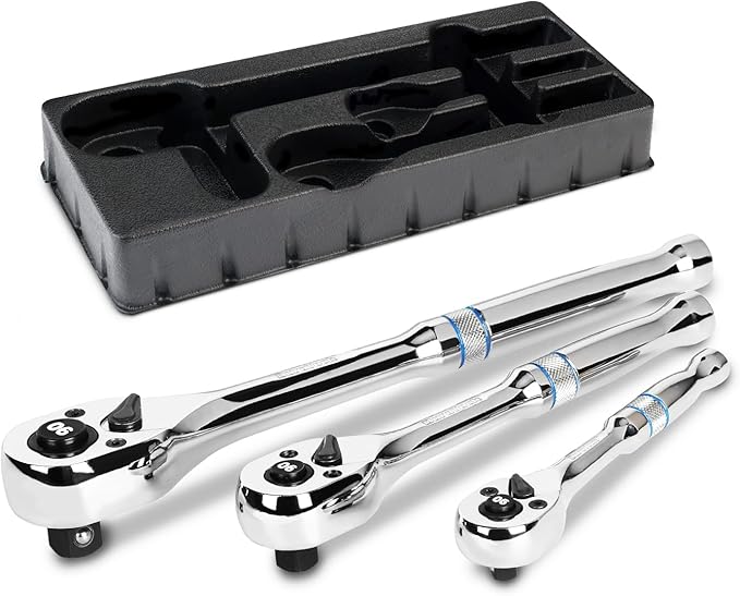 DURATECH 3-Piece Drive Ratchet, 1/4", 3/8", 1/2" 90-Tooth Quick-Release Ratchet Wrench, Reversible, Cr-V Made, Full Polished - with Plastic Insert Storage Box, Gifts for Men, Women, Dad