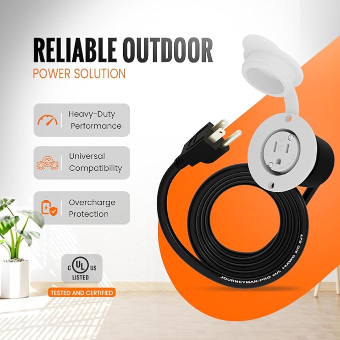 10 Foot 15A Weatherproof Outdoor Power Outlet by Journeyman-Pro 15 Amp 110/120 Volt 5-15R Receptacle Kit with Integrated (10' FT) 120" Extension Cord + Waterproof Rubber Cover (White)