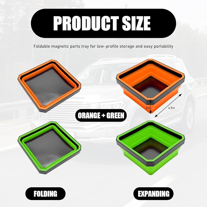 2PCS Collapsible Magnetic Parts Tray, 4.5" Square Silicone Tool Tray with Double-Sided Magnetic Base, Foldable Bowls Small Metal Parts Holder for Screws Bolts Nuts Washers (Green+Orange)