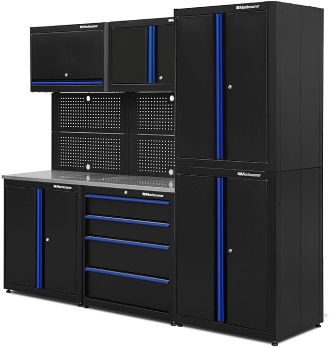 Montezuma Garage Tool Storage System - 8Piece Combo Workbench with Locking Cabinet & Stainless Steel Worktop - SC-ADG