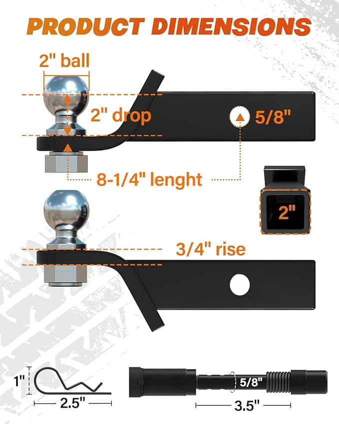 DEEAGLE 2 in Ball Hitch, Heavy Duty Steel Receiver Hitch with 3.5” Hitch Pin Lock, Fits 2 in Receiver, 7500lbs, 2 in Drop, Include Pin Lock