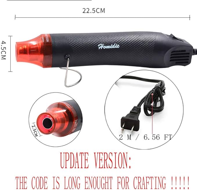 6.56FT Long Heat Gun, Uptdae Version Homidic Mini Handheld Hot Air Gun, Electric 300W Portable Heat Gun for DIY Craft Embossing, Shrink Wrapping PVC, Drying Paint, Clay, Rubber Stamp
