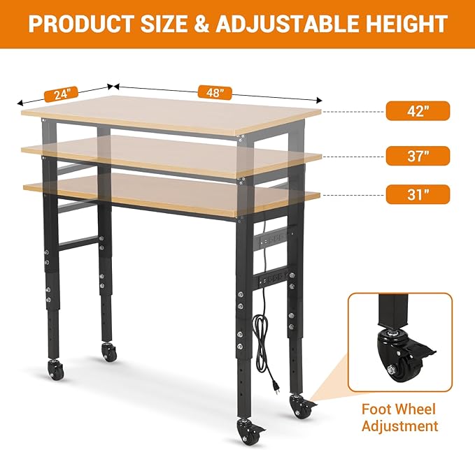 48" Adjustable Workbench with Power Outlet & Wheels, Heavy-Duty 48 x 24 in Work Bench, 2500 lbs Load Capacity for Garage, Workshop & Home