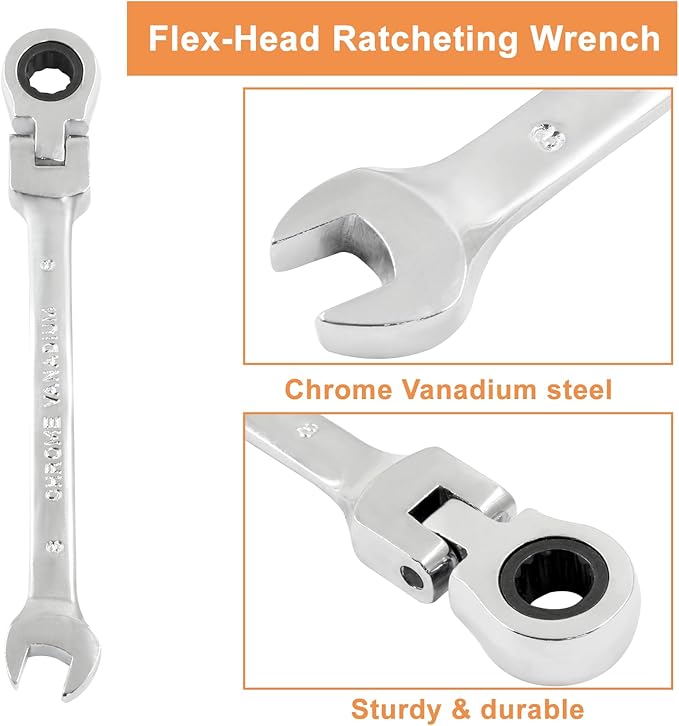Piutouyar 8mm Flex-Head Ratcheting Wrench, Professional Metric Ratchet Wrench Combination Wrench Box Ended Spanner Tool for Projects Repair(5° Movement and 72 Teeth 12 Point, CR-V)
