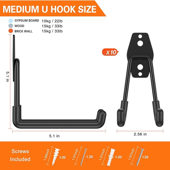HUPBIPY Heavy Duty Garage Hooks 10 Pack, 5.1 inch Medium U Shaped Hanger, Wall Mounted Storage System, Power and Garden Tool Organizer, for Hanging Ladders, Hose, Bulk Items and More