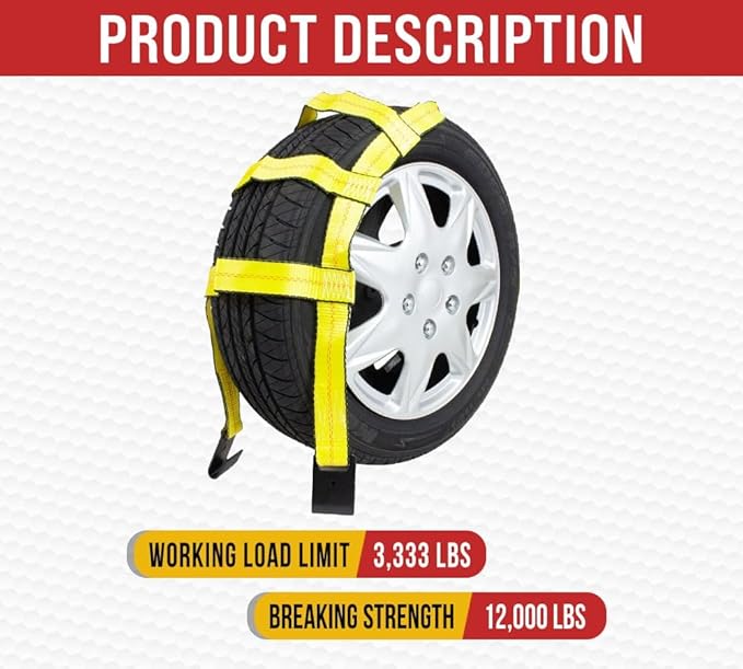 Mytee Products 2 Pack Tow Dolly Basket Straps with Flat Hook for 14"-19" Tires - 12,000 lbs Breaking Strength - Heavy Duty Wheel Net Auto Car Dolly Tie Down Straps for Universal Vehicle Towing