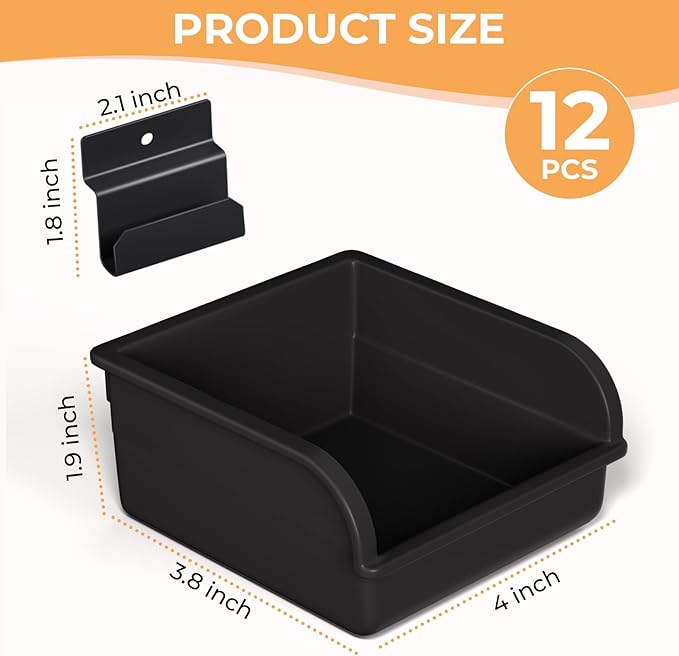 INCLY 12 Pack Slatwall Bins with Hooks, Plastic Slatwall Accessories Containers Bins for Slat Wall Panels Organizing Hardware, Garage, Craft Room, Kitchen, Tool Shed, Workbench