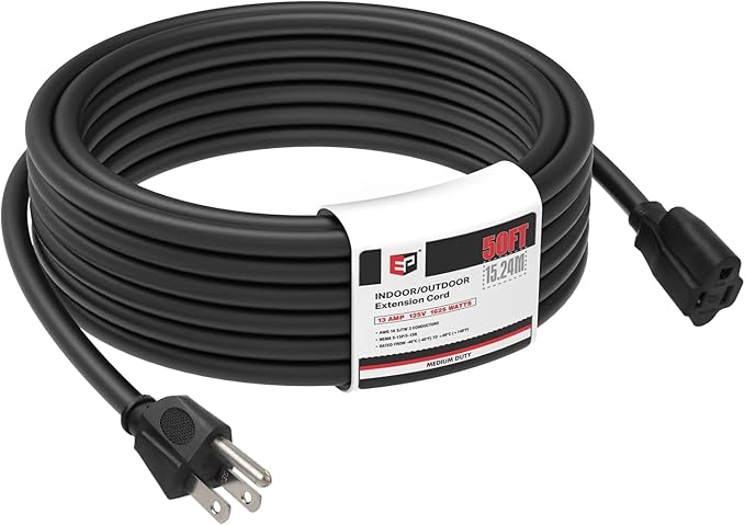 EP 50FT Black Outdoor Extension Cord, 16/3 SJTW Heavy Duty Waterproof, 3 Prong Grounded Plug, 13A 1625W 16AWG, Cold-Resistant Flexible Power Cable for Garden, Home, Christmas Lights