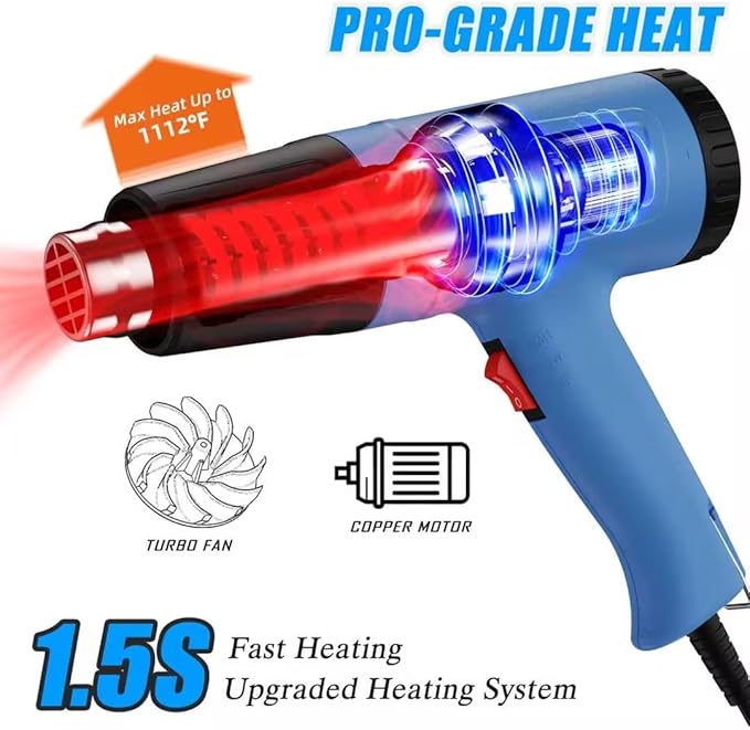 Heat Gun Kit 572 & 1112℉ Variable Temperature Control 4 Nozzles Heavy Duty Fast Heating Hot Air Gun Overload Protection, For Crafting, Shrink Tubing, Vinyl Wrap, Shrink Wrap,5Ft Power Cord