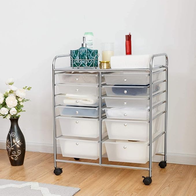 12-Drawer Rolling Storage Cart, Utility Cart Storage Shelves with 4 Universal Wheels, Tools Scrapbook Paper Organizer, Ideal for Home Kitchen Office Organizing (Transparent)