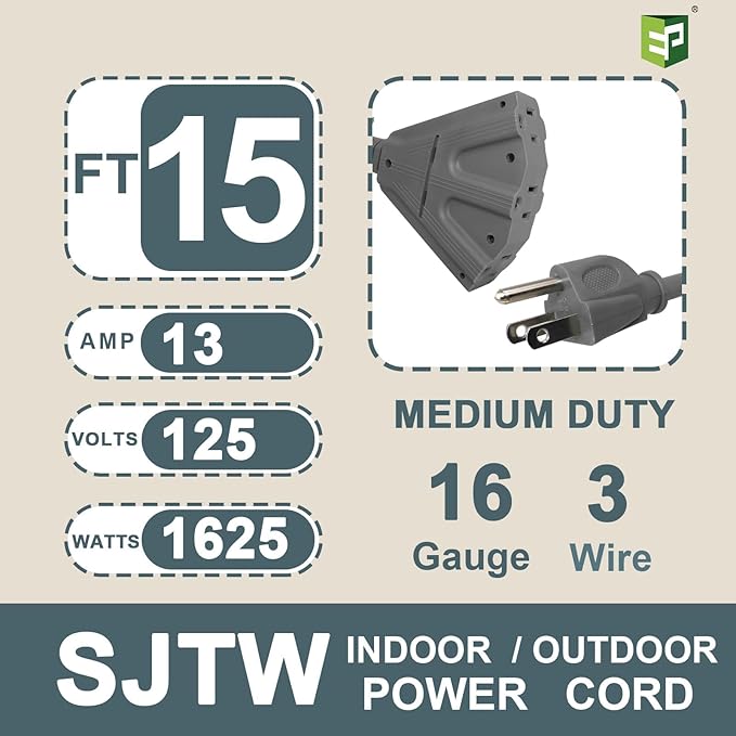 EP 2 Pack 15 Ft Outdoor Extension Cord with 3 Electrical Power Outlets - 16/3 SJTW Grey Cable with 3 Prong Grounded Plug for Safety Great for Christmas Lights, Garden and Major Appliances