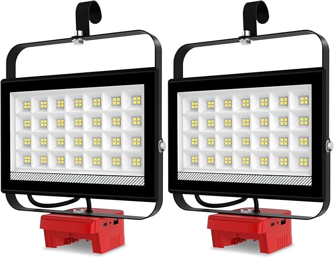 Cordless LED Work Light for Milwaukee 18V Battery, 100W 10000LM Flashlight, Flood Light for m18 Battery with USB & Type-C Charging and 140°Pivoting Head for Jobsite, Garage, Camping, Emergency 2Pack