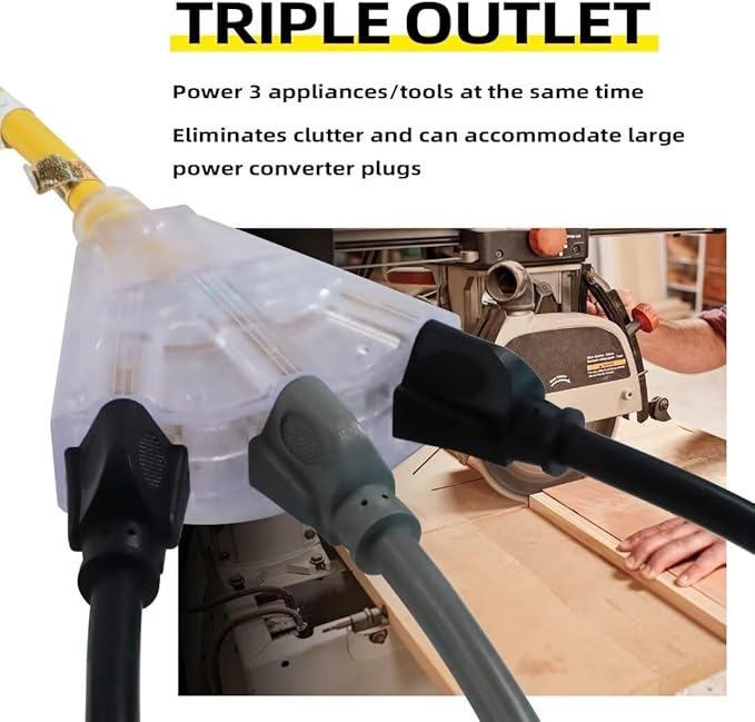 10 Ft Lighted Outdoor Extension Cord with 3 Electrical Power Outlets - 12/3 SJTW Heavy Duty Yellow Extension Cable with 3 Prong Grounded Plug for Safety, UL Listed