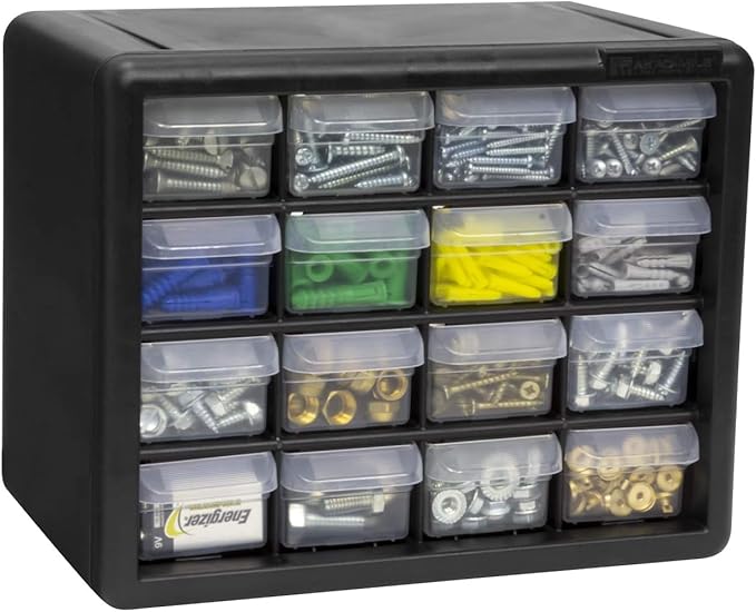 Akro-Mils 16-Drawer Plastic Storage Cabinet | 10-1/2 x 6-1/2 x 8-1/2 Inch | Black | Model 10116 | Garage Organization