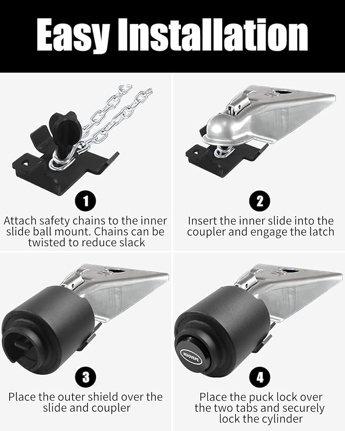 Trailer Lock Fits 2 Inch Couplers, Secures Safety Chains Anti-Theft Ball Hitch Lock, Pry-Resistant & Heavy-Duty Trailer Hitch Locks for RV | Boat | ATV | Utility Trailer (Black)
