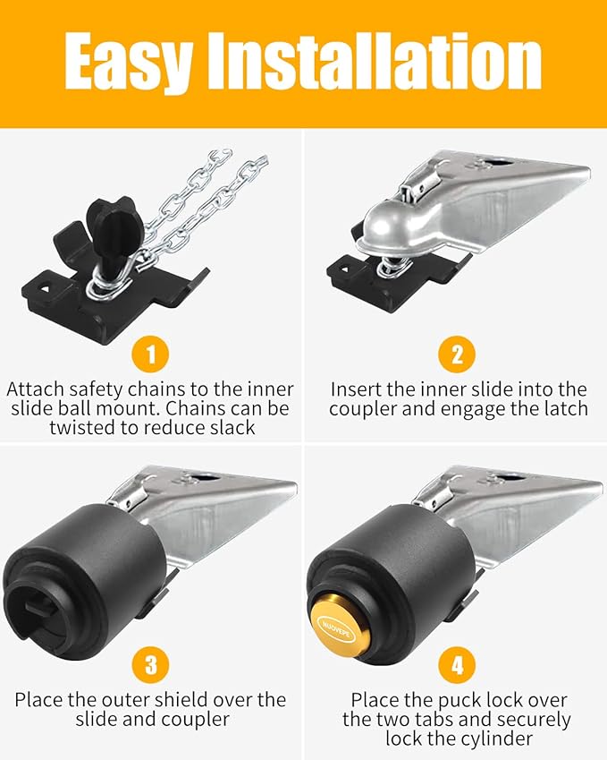 Trailer Lock Fits 2 Inch Couplers, Secures Safety Chains Anti-Theft Ball Hitch Lock, Pry-Resistant & Heavy-Duty Trailer Hitch Locks for RV | Boat | ATV | Utility Trailer (Yellow)
