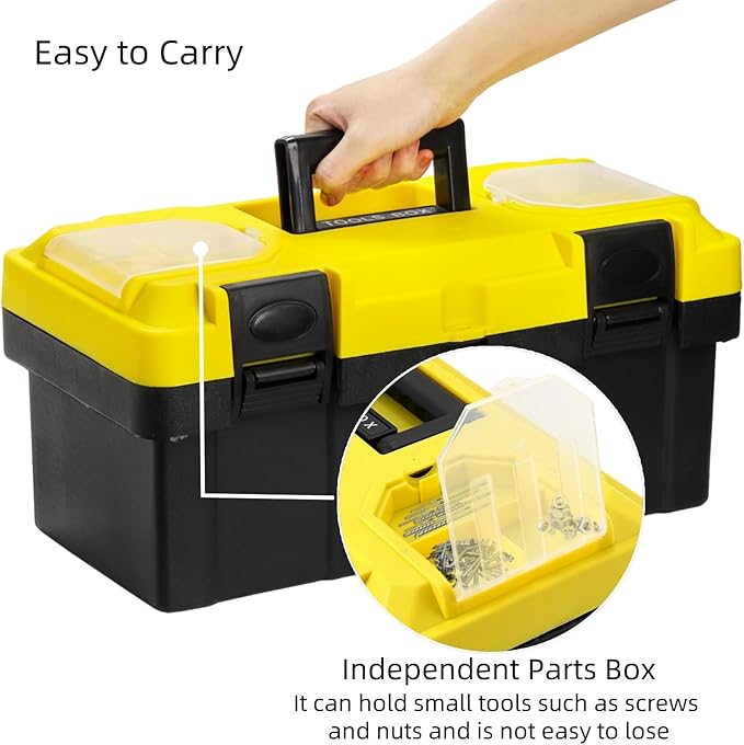 Cididu 16 Inch Plastic Tool Box with Handle, Portable Toolbox with Removable Tray and Lockable Design, Heavy Duty Toolbox Organizer with Small Parts Box for Household Workshops Garages, Black Yellow