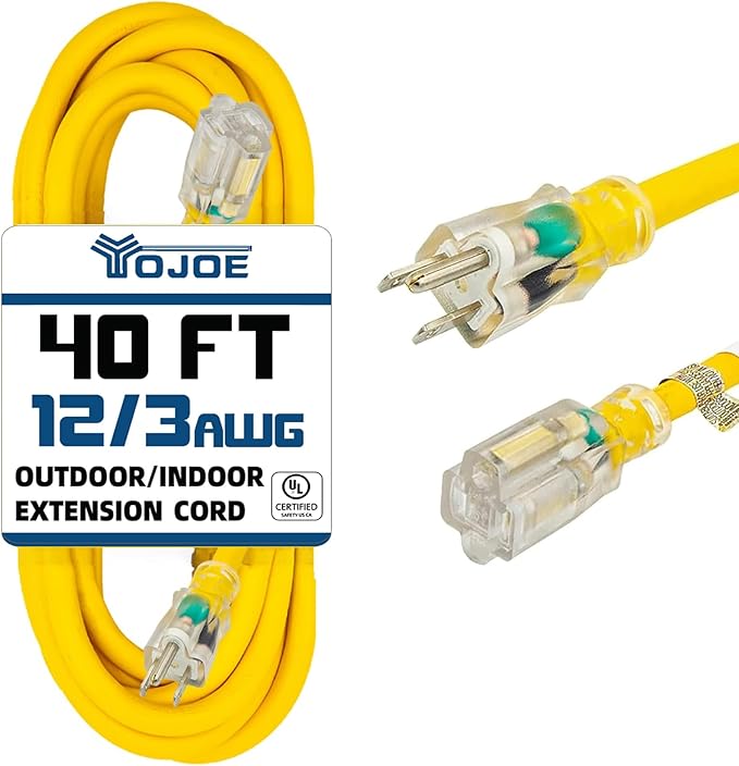 YOJOE Indoor Outdoor Extension Cord with Lighted End, 3 Prong 15A Weatherproof Power Cord, 12 Gauge Heavy Duty 40 ft Yellow Extension Cord for Garage, Garden and Home, 12/3 SJTW UL Listed