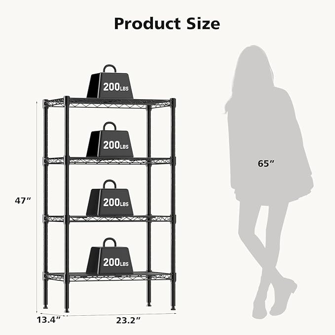 HealSmart 4-Tier Metal Wire Storage Shelves, Adjustable Standing Storage Rack Shelf, Heavy Duty Steel Shelving Unit Organizers for Kitchen Bathroom Pantry Garage, 23.3" W×13.4" D×47" H, Black