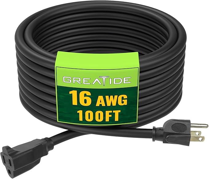 Indoor Outdoor Extension Cord 100 FT, 16/3 SJTW Weatherproof Black Electrical Cords, 10 AMP Heavy Duty 3 Prong Power Cable Great for Garden, Landscaping & Holiday Decorations