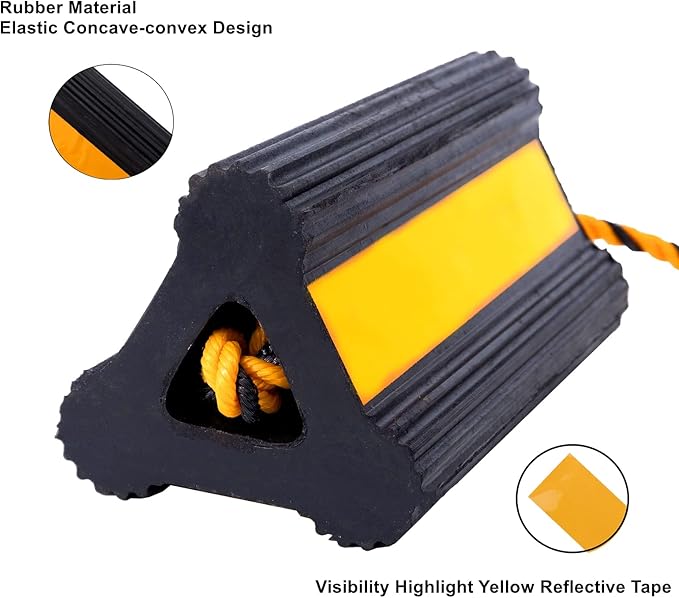 Wheel Chock Heavy Duty Rubber Trailer Wheel Chocks with Yellow Reflective Visibility Tape and Yellow Nylon Rope for Concrete Slopes or Ground Leveling (4 Pack)