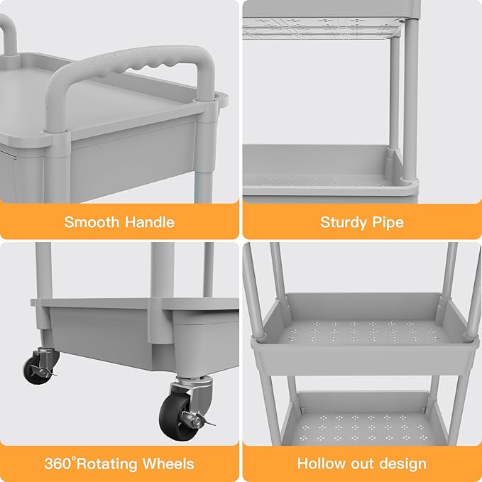 3 Tier Rolling Utility Cart with Drawer,REBECAT Utility Cart Made of Multifunctional Storage Organizer Tool for Kitchen,Bathroom,Living Room,Office(Gray)