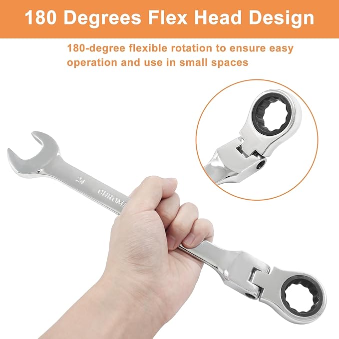 Piutouyar 24mm Flex-Head Ratcheting Wrench, Professional Metric Ratchet Wrench Combination Wrench Box Ended Spanner Tool for Projects Repair(5° Movement and 72 Teeth 12 Point, CR-V)