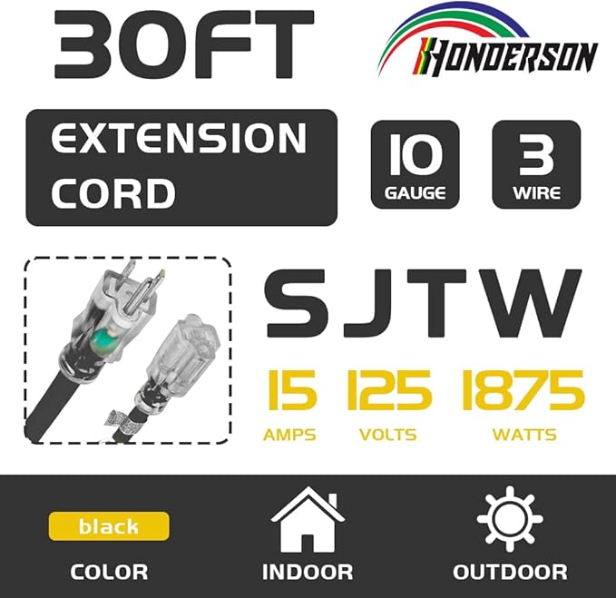 Indoor Outdoor Extension Cord Weatherproof with Lighted End, UL Listed, 10 Gauge 30FT Black 3 Prong Heavy Duty, 10/3 SJTW 15A Power Cord for Outdoor Lights, Lawn