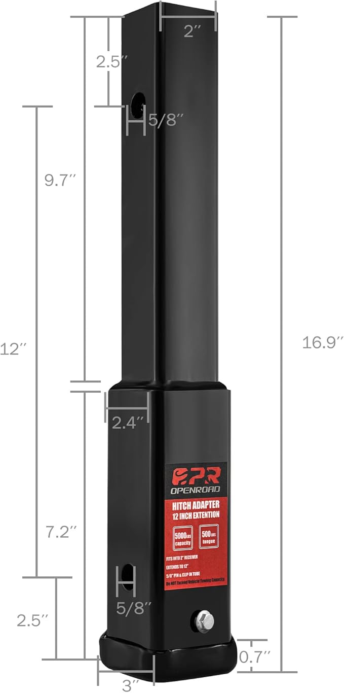 OPENROAD Trailer Hitch Extension，12 inch Hitch Extender Length for 2-inch Receiver Tube Extender,5000lbs GTW,500 lbs TW,Includes 5/8'' Hitch Pin