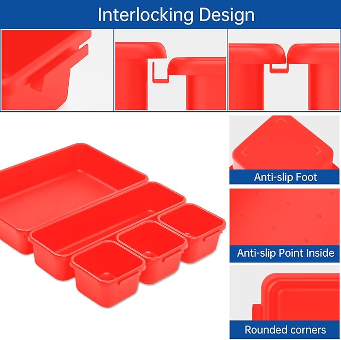 45 Pack Tool Box Organizer Tool Tray Dividers, Toolbox Drawer Organizers Storage Trays for Rolling Tool Chest, Work Bench Cabinet Bins, Hardware Parts Screw Nut Bolt Small Tools Organization - Red
