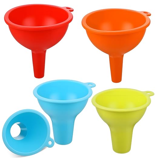 4 Pcs Kitchen Silicone Funnel Kitchen Funnels Set Wide Mouth Funnel Flexible Condiment Funnels for Small Canning Daily Cooking and Water Bottle Liquid Oil or Powder Transfer (Multi Color)