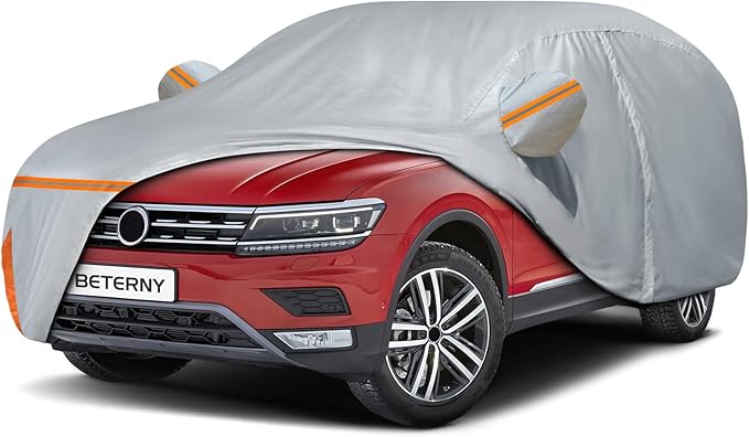 Car Cover for 2007-2025 VW Tiguan SWB, Waterproof Custom-fit All Weather Sun Rain UV Dust Snow Protection Outdoor Tiguan Full Car Cover with Door Zipper and Cotton Lining-Grey