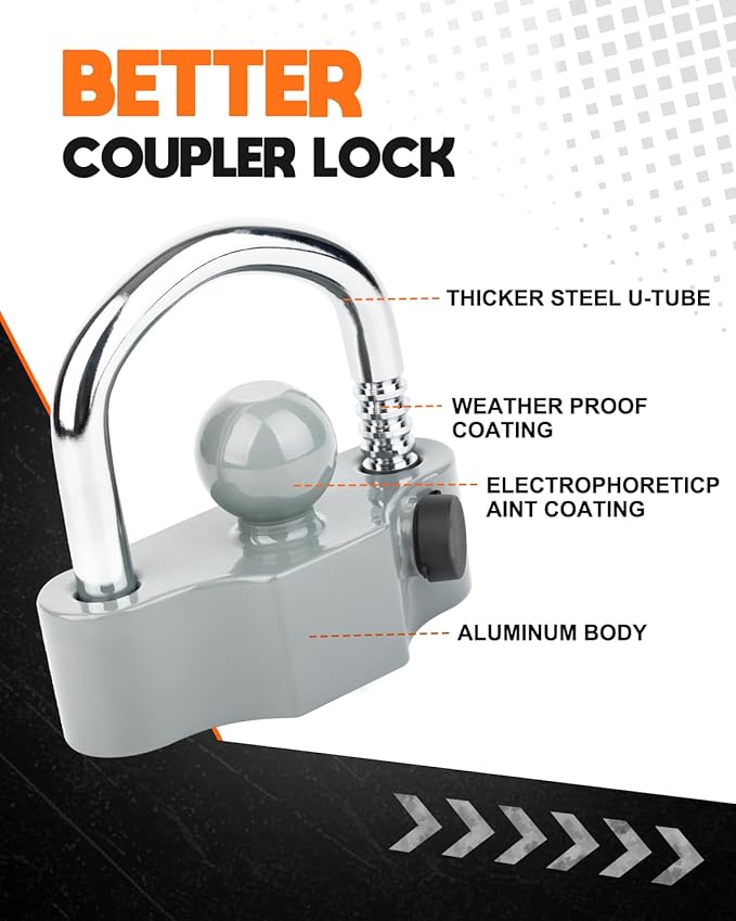 DEEAGLE Trailer Ball Coupler Lock, Heavy Duty Trailer Ball Hitch Lock Fits 1-7/8 Inch, 2 Inch, 2-5/16 Inch Couplers, Hitch Lock with Keys, Grey
