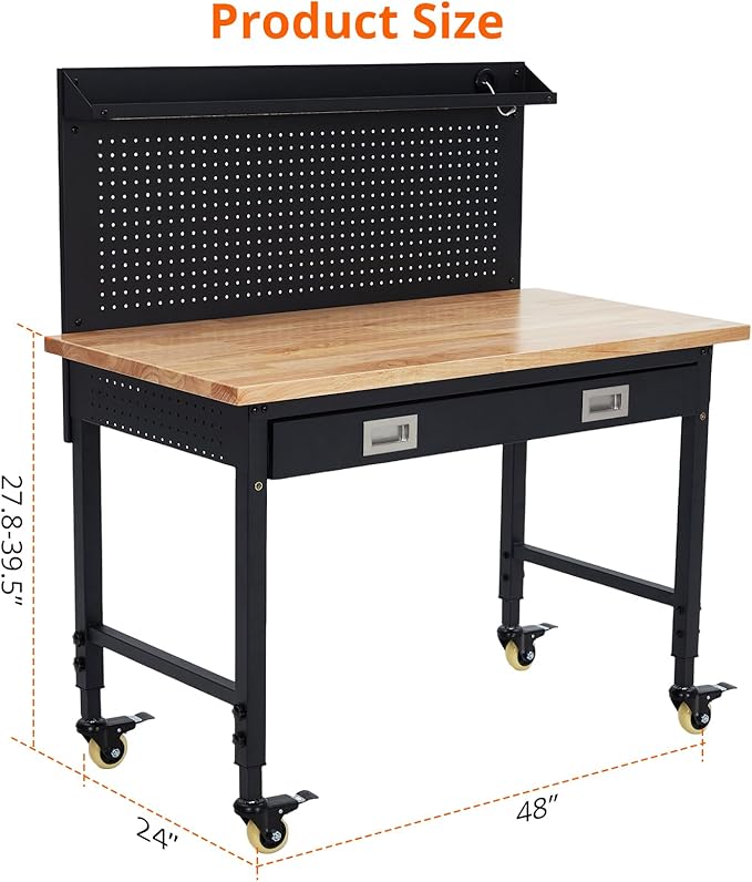 48" Workbench Heavy Duty, Adjustable Height Workstation with Drawer Storage, Backplate, 2000 LB Load Capacity, Multipurpose Rubber Wood Shop Table with Power Outlets, Hooks, Garage Storage