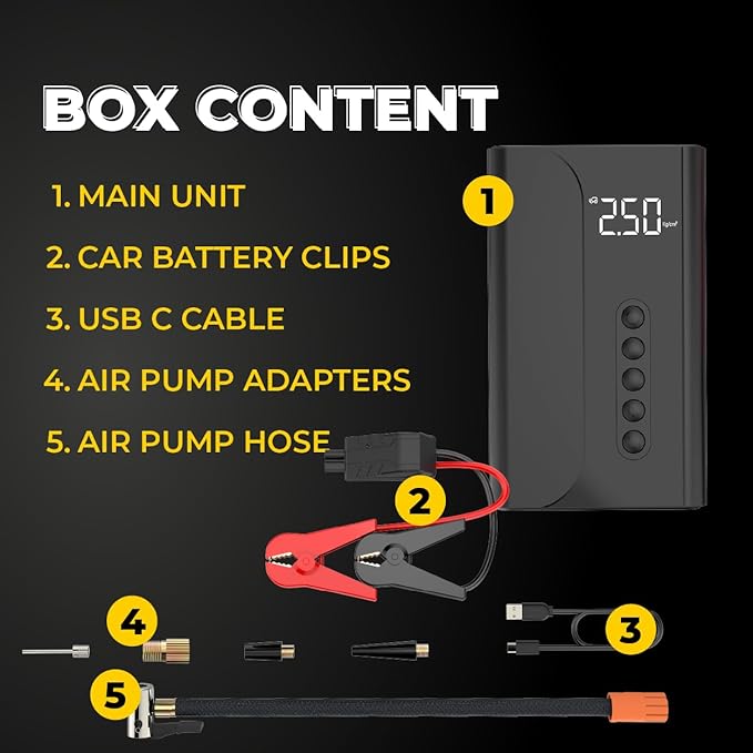 Jump Starter with Air Compressor Portable - 10400mAH - 150PSI – 12V Battery Booster, LCD Display, LED Lights, Power Bank Function Ultralight - RAPIKITS
