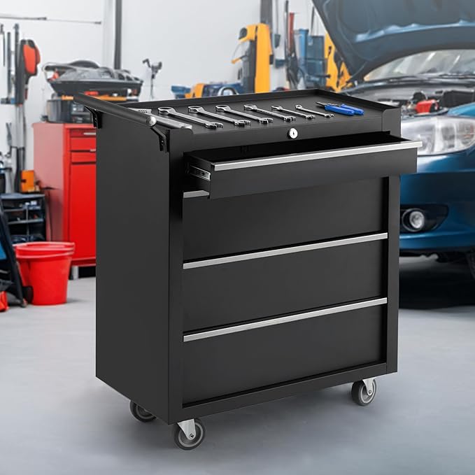 24” Heavy-Duty Rolling Tool Cabinet, 4-Drawer Lockable Steel Tool Chest with 4 Locking Wheels & Reinforced Frame, High Weight Capacity Organizer for Garage, Workshop, and Home Use