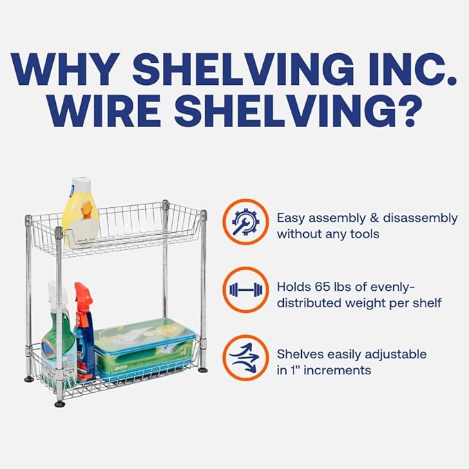 Shelving Inc. 8" d x 18" w x 18" h 2-Tier Chrome Wire Basket Rack, Everyday Shelving, Weight Capacity 65 lbs Per Shelf