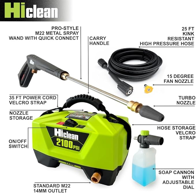 Electric Pressure Washer 2100 PSI - Portable Power Washer for Car Detailing, Patios, Fences and Outdoor Cleaning, Compact Design with Foam Cannon, Turbo and Fan Nozzles, ETL Certified