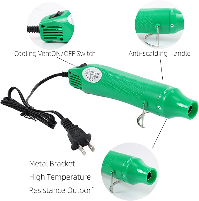 Heat Gun for Crafting, 110V 300W Handed Hot Air Gun, 3.28FT Ultra-Long Cable Portable Heat Gun with Stand and Power Cord for Shrinking Wrapping PVC, DIY Embossing and Drying Paint (Green)