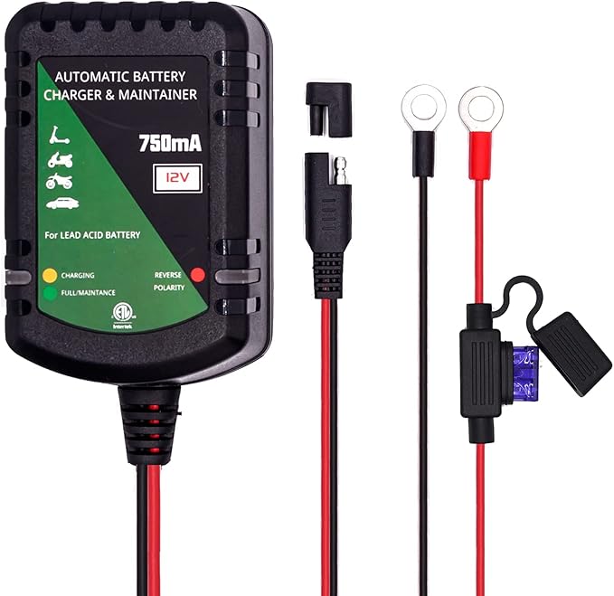 12 Volt Battery Charger 750mA Automatic Battery maintainer trickle Battery Charger Smart Float Charger for Automotive car Motorcycle Lawn Mower Boat ATV Sealed Lead Acid Batteries