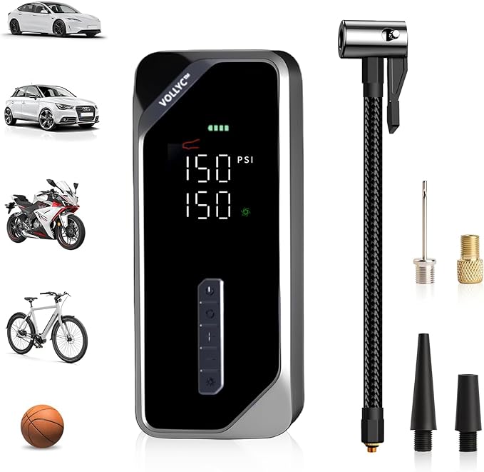 Car Tire Inflator Portable Air Compressor–150 PSI Tire Pump for Car Tires, Electric Bike Tire Pump, Cordless Bike Pump with Digital Pressure Gauge, 4 Preset Modes for Car Bike Motorcycle Balls