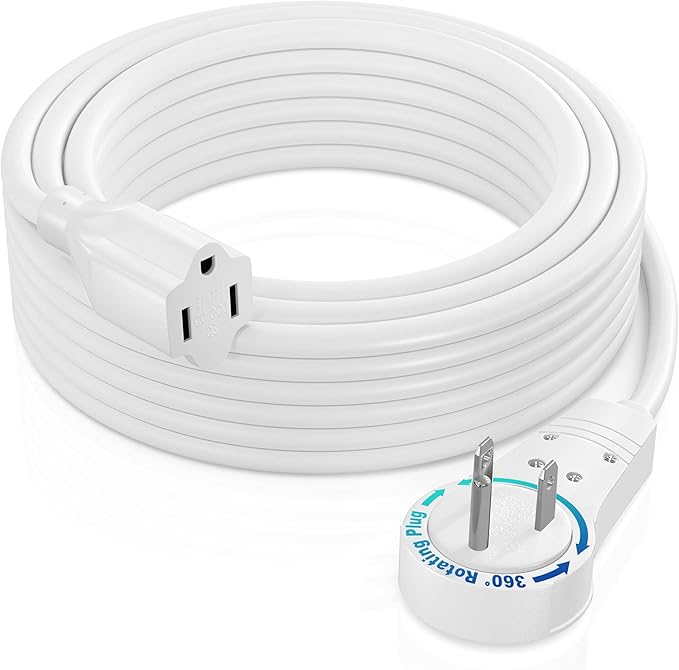 Maximm Extension Cord 30 Foot White Flat Plug, 360° Rotating Short Power Cord Single Outlet, Indoor 16 Gauge 3 Prong Grounded Wire UL Certified (30Ft White)