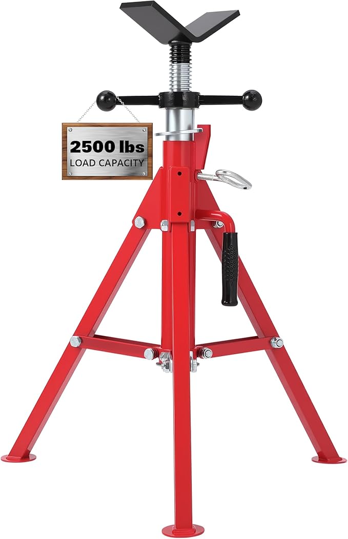Heavy-Duty Pipe Jack Stand V-Head Bracket Load Capacity 2500 LBS Suitable for 1/8“ to 12” Pipes 24“ to 42” Adjustable Height Folding Legs for Welding Threading Hole Cutting