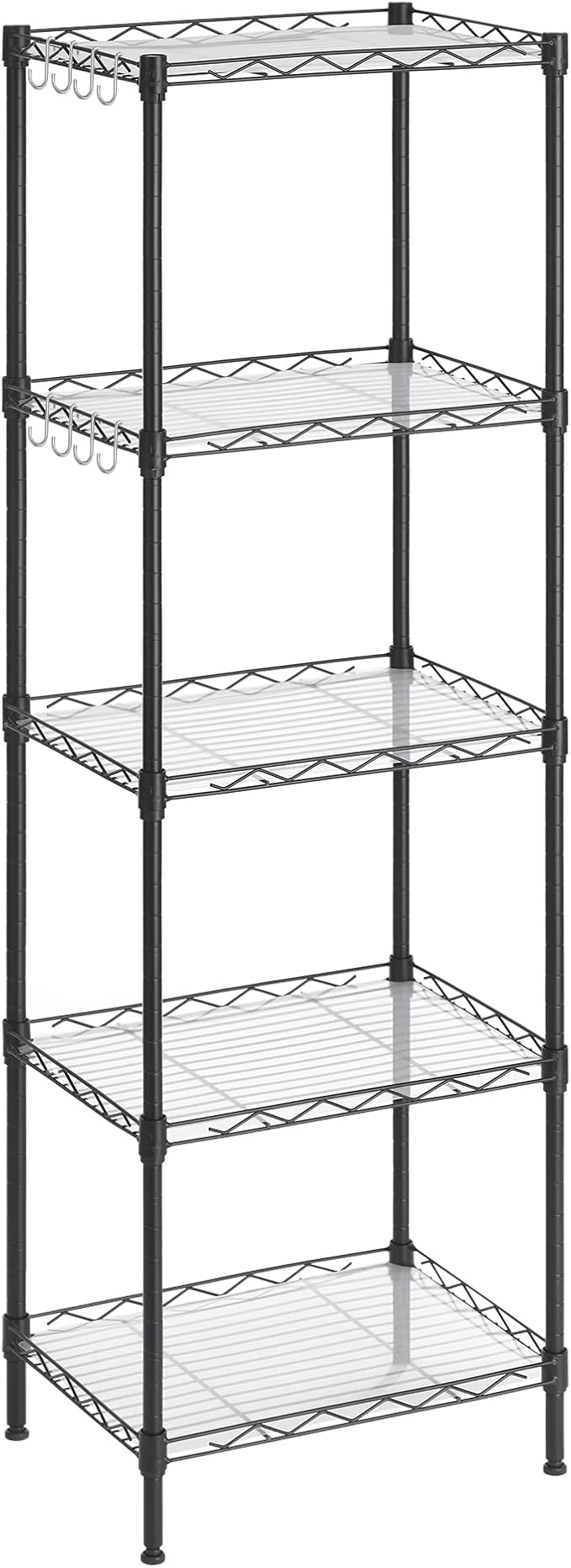 SONGMICS 5-Tier Storage Shelves, Wire Shelving Unit, Kitchen Metal Shelves, Storage Rack with Adjustable Shelves, Shelf Liners, 8 Hooks, for Garage, 11.8 x 15.7 x 47.6 Inches, Black ULGR115B01
