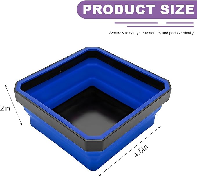 Collapsible Magnetic Parts Tray, 4.5" Square Silicone Metal Parts Organizer Double-Sided Magnet Bowl, Foldable Magnetic Tool Trays for Screws Bolts Nuts Washers Pins (Blue)