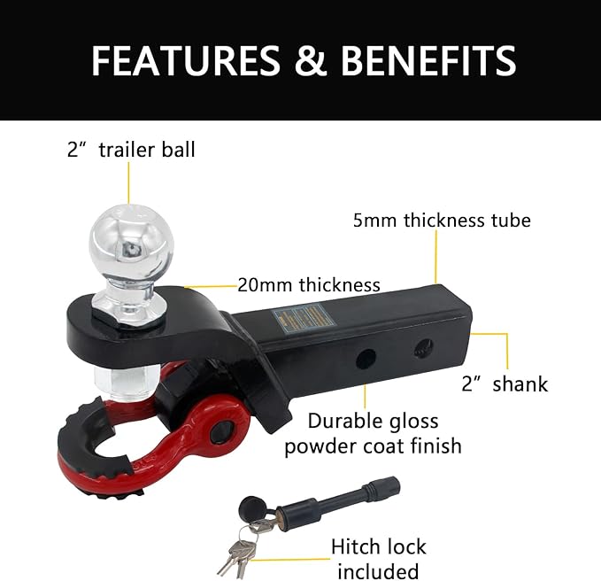 Trailer Hitch Ball Mount with Tow Shackle and 3/4" Hitch Pin Clip for Heavy Duty Trucks, SUVs, and Cars, Multifunctional 2 in 1 Hitch Mount Fits 2Inch Hitch Receiver