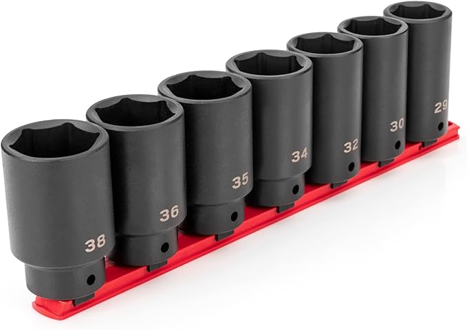 TEKTON 1/2 Inch Drive Deep 6-Point Axle Nut Impact Socket Set with Rail, 7-Piece (29-38 mm) | SID92101