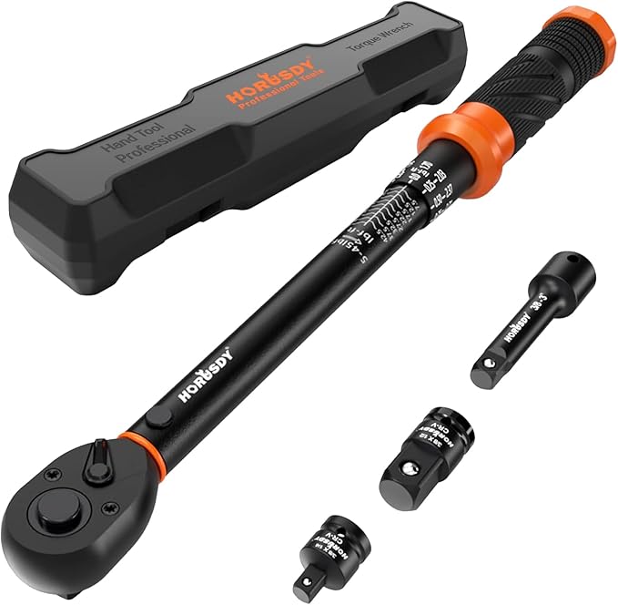 HORUSDY 3/8" 5PCS Torque Wrench Set(5–45 ft-lb/ 6.8–61 Nm) – Torque Wrench 3/8 Drive with 3" Extension, 3/8" to 1/4" & 3/8" to 1/2" Adapters, Case for Bike, Car, Moto & Other Repair