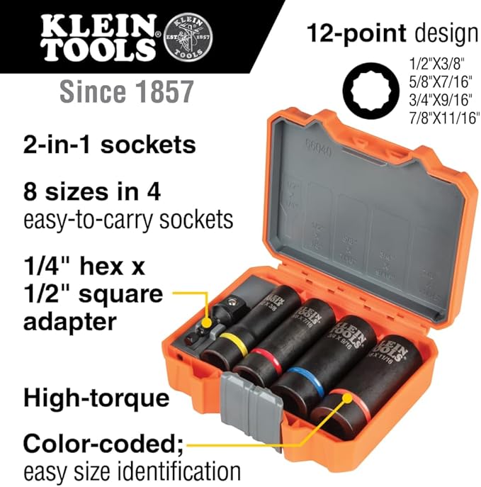 Klein Tools 66040 2-in-1 Impact Socket Set, 5-Piece Tool Set with 12-Point Deep Sockets with 1/2-Inch Drive, Includes Tool Case